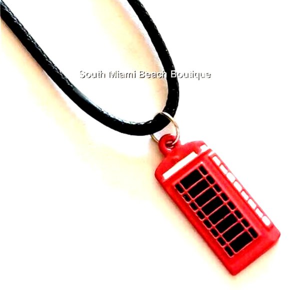 London England UK Phone Booth Box Necklace Red Charm Black Cord Enamel Britain - Picture 2 of 7